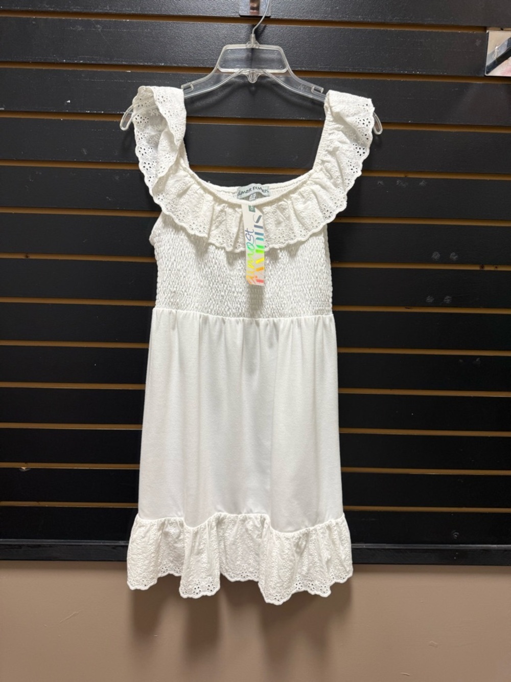 Almost Famous White Eyelet Ruffle Dress Smocked Bodice Boho Cottagecore Sz L NWT